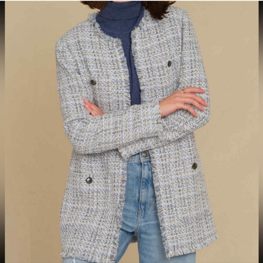 Elie Tahari Blue Tweed Open Front Fringe Long Blazer Jacket Cotton Size Medium